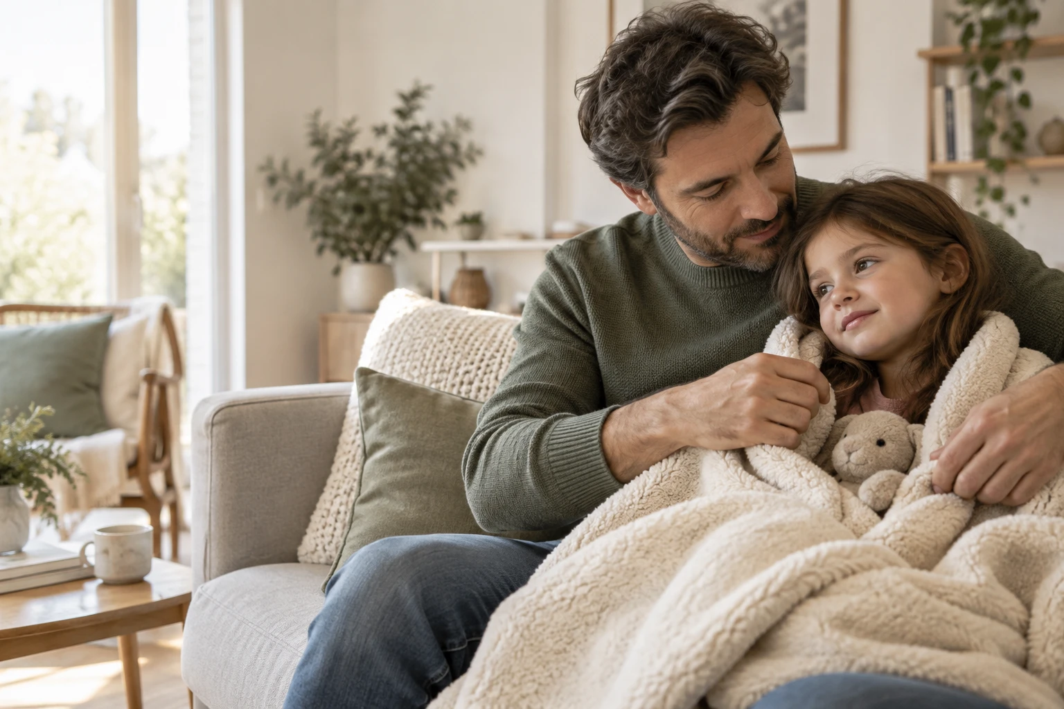 Père protégeant sa fille, symbole de la protection apportée par l'assurance emprunteur